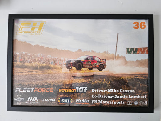 Framed and signed  11x17 poster of Mike and Jamie jumping the BMW E36 M3 at STPR 2024